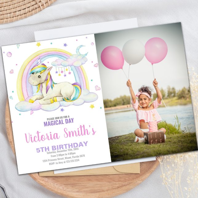 Invitación de cumpleaños de Unicornio en la nube a (Rainbow Cloud Unicorn Birthday Invitations w photo)