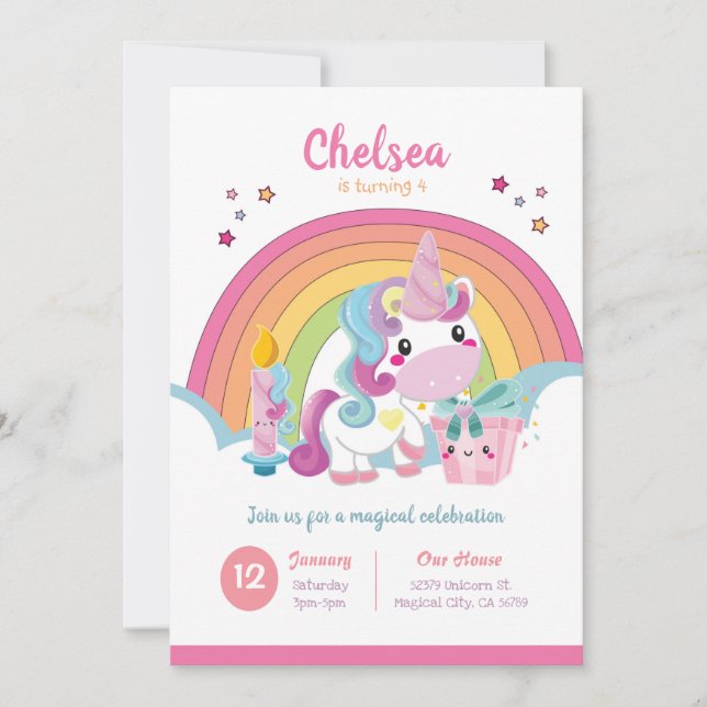 Invitación de cumpleaños de Unicornio Fiesta arcoi (Anverso)