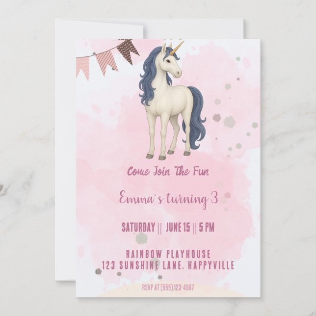 Invitación de cumpleaños de Unicornio - Fiesta de  (Anverso)