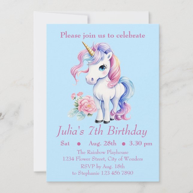 Invitación de cumpleaños de Unicornio - Fiesta de  (Anverso)