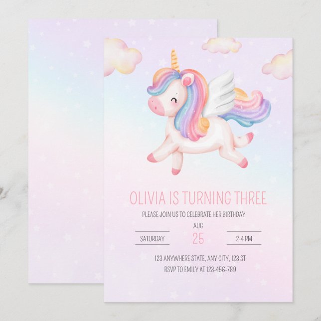 Invitación de cumpleaños de unicornio, fiesta de a (Anverso / Reverso)