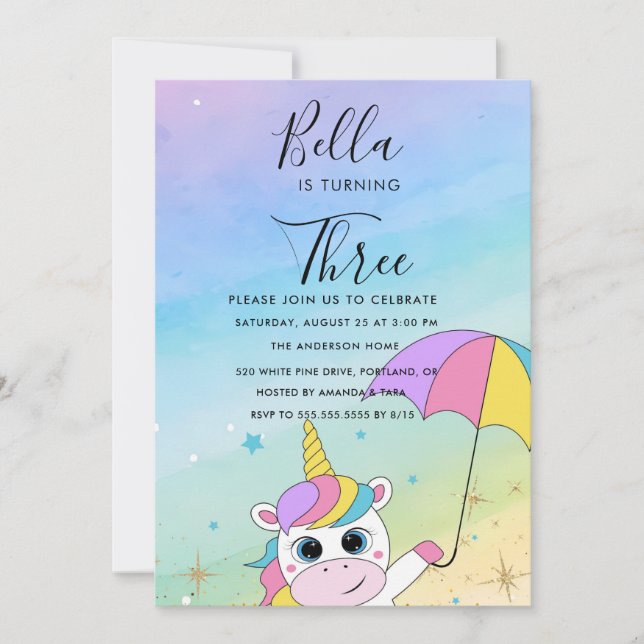 Invitación de cumpleaños de unicornio, fiesta de a (Anverso)