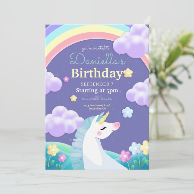 Invitación de cumpleaños de unicornio, fiesta de a (Anverso de pie)