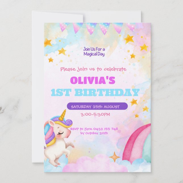 Invitación de cumpleaños de Unicornio Fiesta de pr (Anverso)