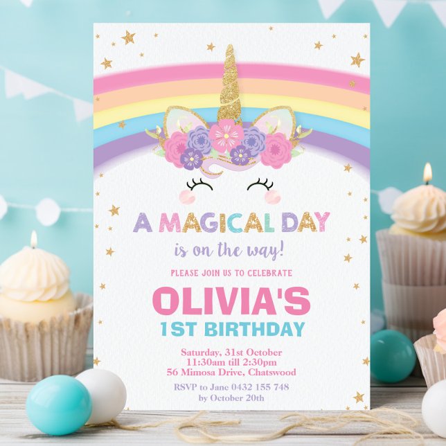Invitación de cumpleaños de Unicornio Fiesta de pr (cute colorful rainbow unicorn magical day 1st 2nd 3rd birthday invitation cards printed and digital)