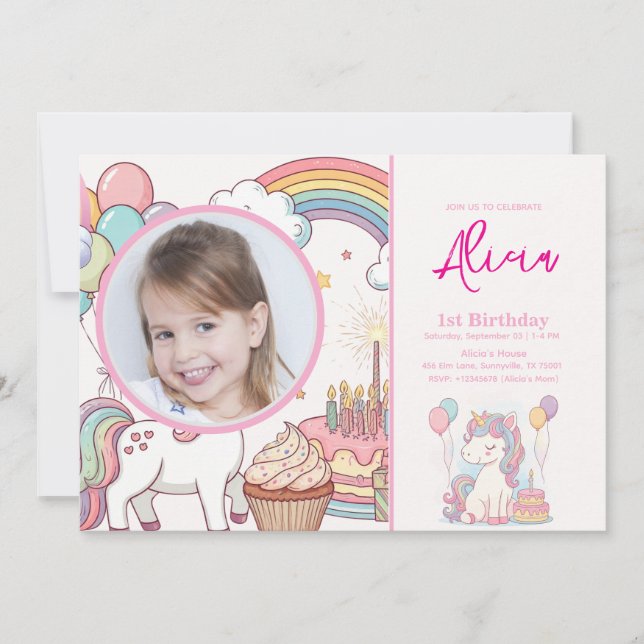 Invitación de cumpleaños de Unicornio Fiesta de pr (Anverso)