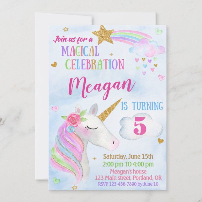 Invitación de cumpleaños de Unicornio fiesta de un (Anverso)