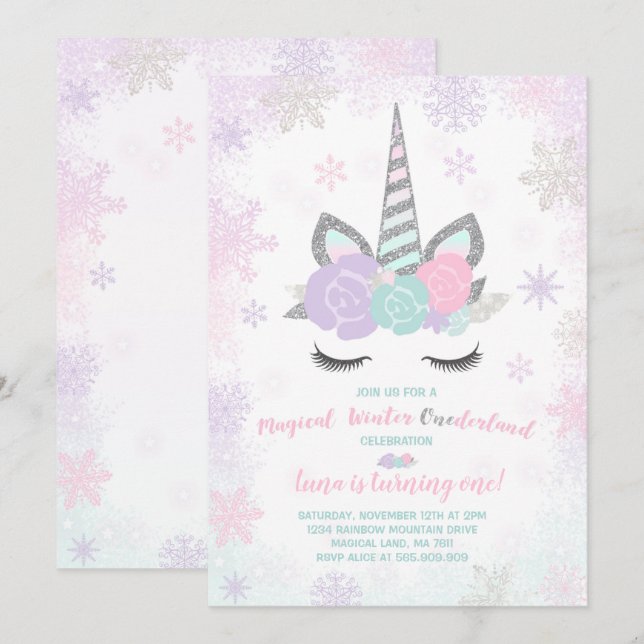 Invitación de cumpleaños de Unicornio Fiesta de un (Anverso / Reverso)