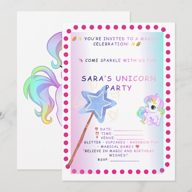 Invitación de cumpleaños de unicornio: fiesta mági (Anverso / Reverso)