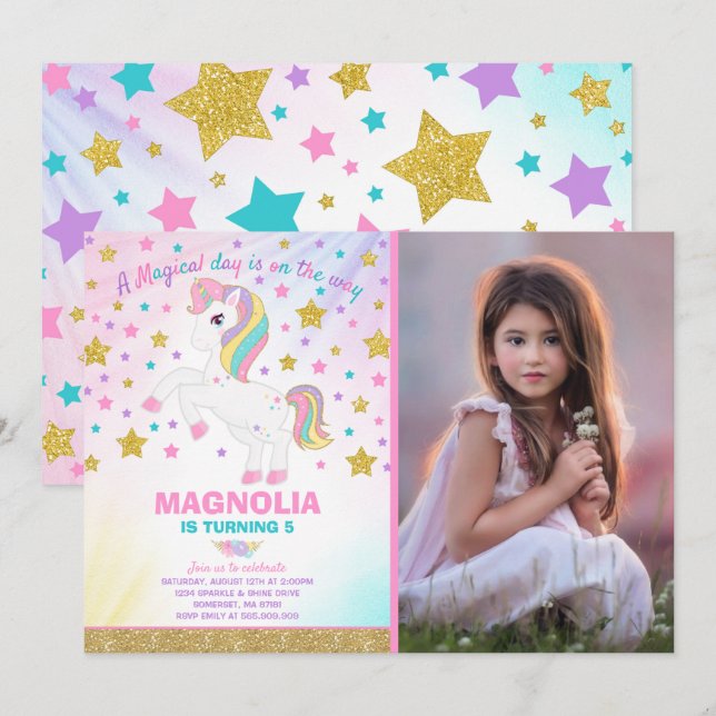 Invitación de cumpleaños de unicornio Fiesta mágic (Anverso / Reverso)