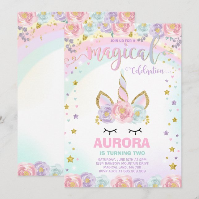 Invitación de cumpleaños de unicornio Fiesta mágic (Anverso / Reverso)
