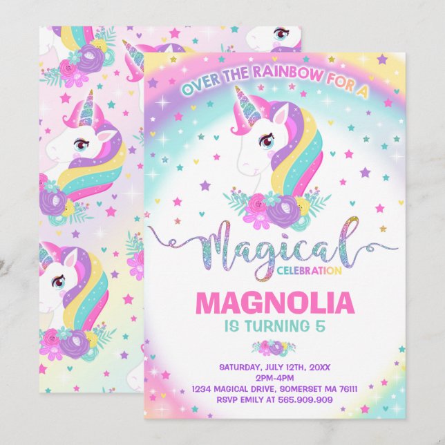 Invitación de cumpleaños de unicornio Fiesta mágic (Anverso / Reverso)