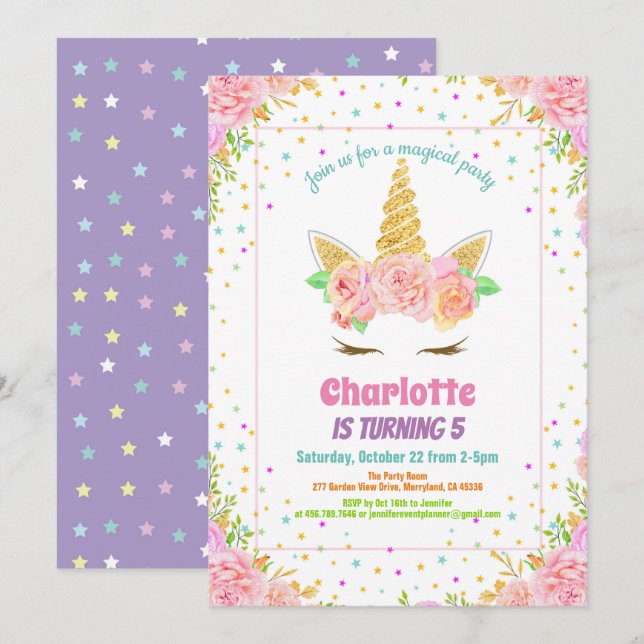 Invitación de cumpleaños de Unicornio. Floral acua (Anverso / Reverso)