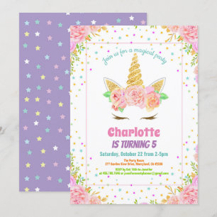 Invitación de cumpleaños de Unicornio. Floral acua