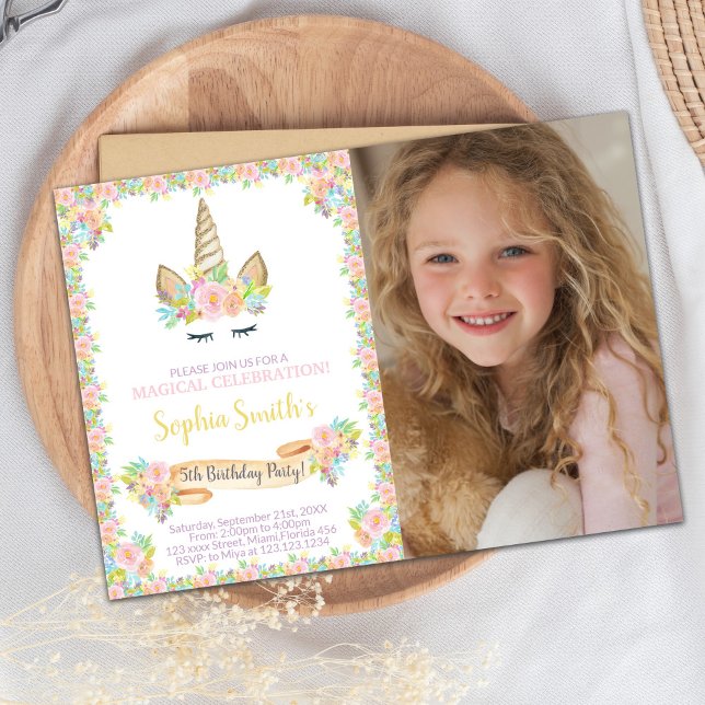 Invitación de cumpleaños de unicornio floral con f (Floral Unicorn Birthday Invitations with photo)