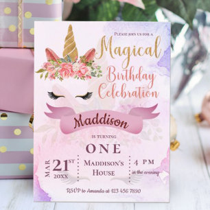 Invitación de Cumpleaños de Unicornio Floral Paste