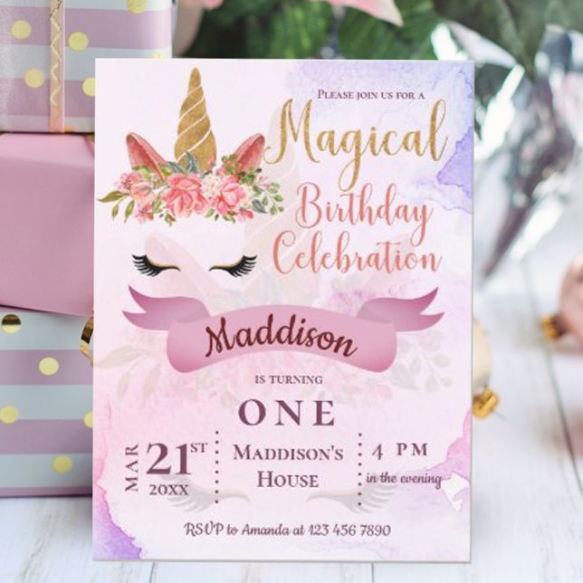 Invitación de Cumpleaños de Unicornio Floral Paste (Pastel Floral Unicorn Birthday Party Invitation Postcard)