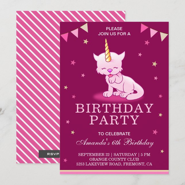 Invitación de cumpleaños de unicornio gato rosa li (Anverso / Reverso)