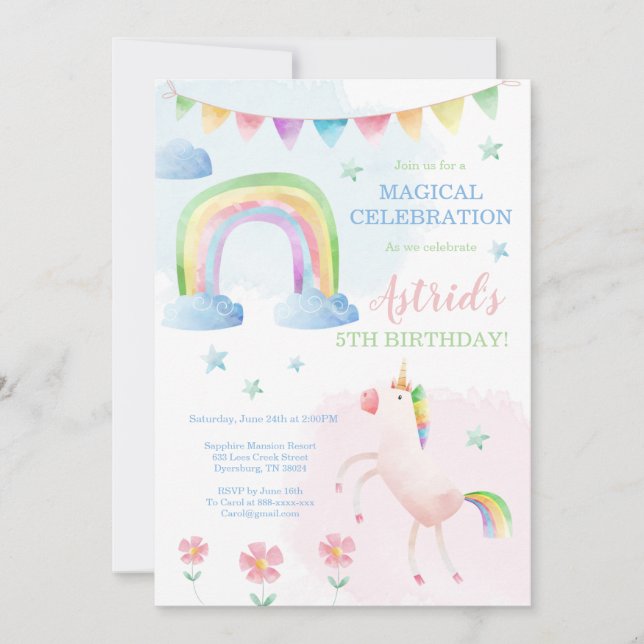 Invitación de cumpleaños de Unicornio, invitación  (Anverso)