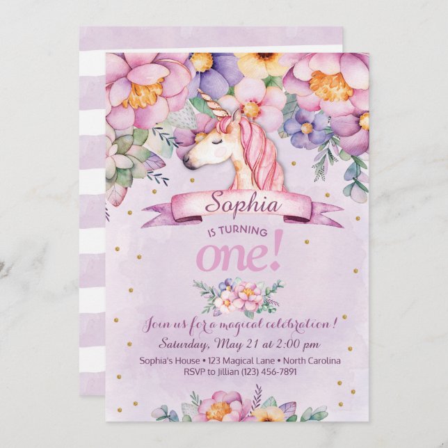 Invitación de cumpleaños de Unicornio Invitación f (Anverso / Reverso)