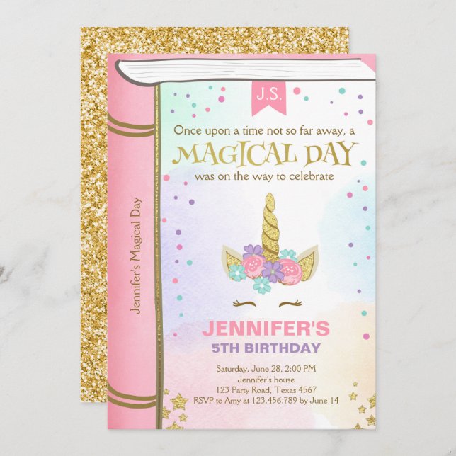Invitación de cumpleaños de Unicornio Libro Mágico (Anverso / Reverso)
