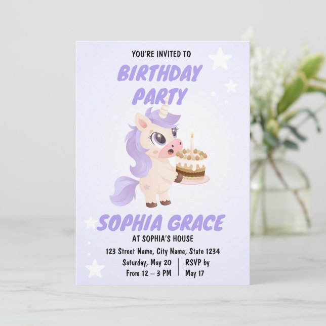 Invitación de cumpleaños de unicornio lindo (Anverso de pie)