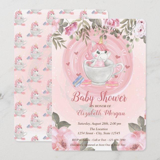 Invitación de Cumpleaños de Unicornio Lindo, Flora (Anverso / Reverso)