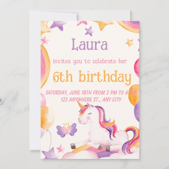 Invitación de cumpleaños de unicornio lindo para n (Anverso)