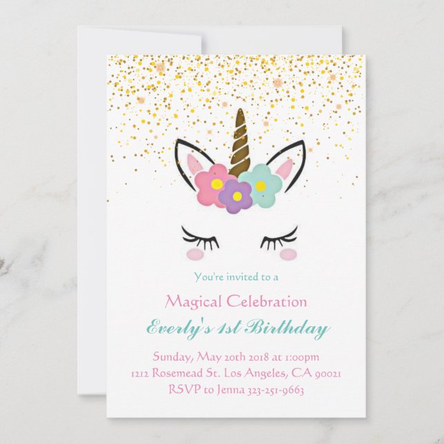 Invitación de cumpleaños de Unicornio mágico (Anverso)