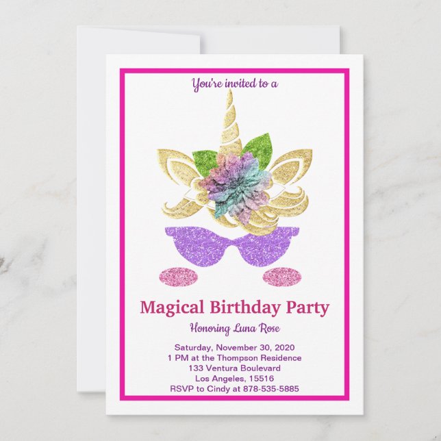 Invitación de cumpleaños de Unicornio mágico (Anverso)
