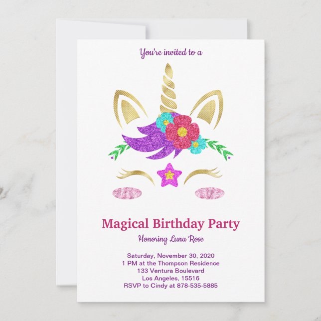 Invitación de cumpleaños de Unicornio mágico (Anverso)