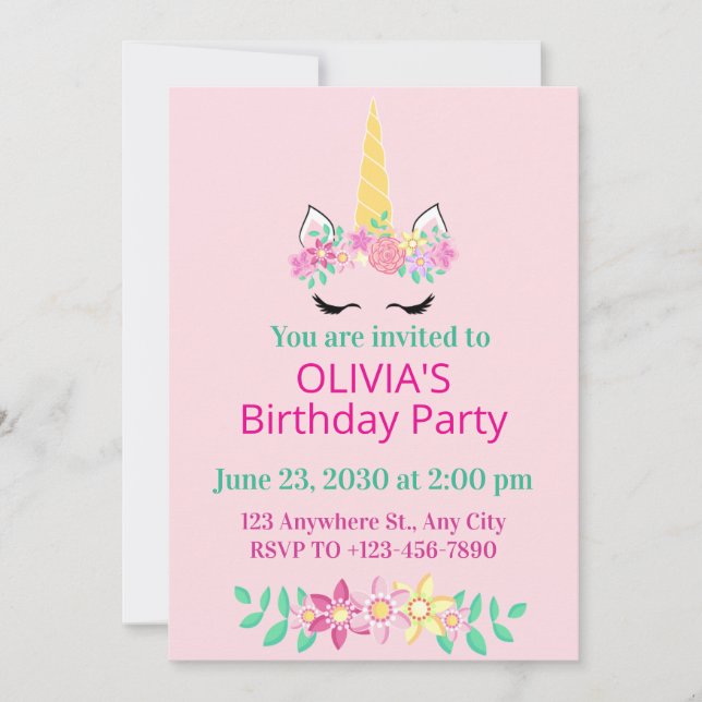 Invitación de cumpleaños de Unicornio Mágico (Anverso)