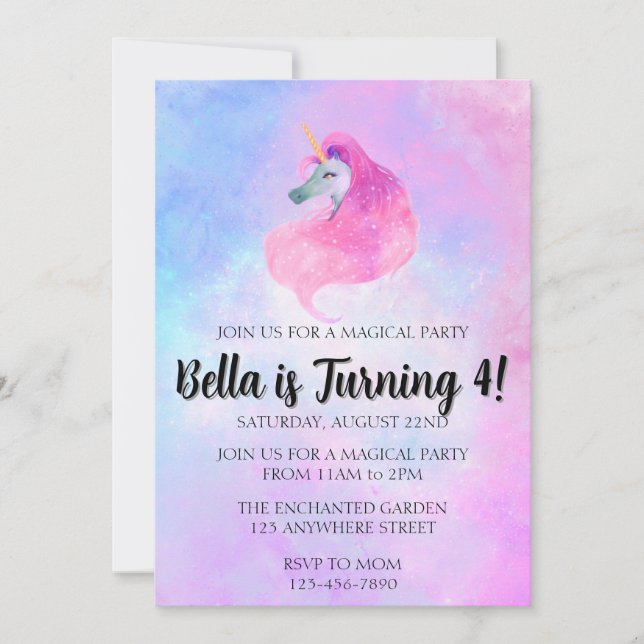 Invitación de cumpleaños de Unicornio Mágico (Anverso)