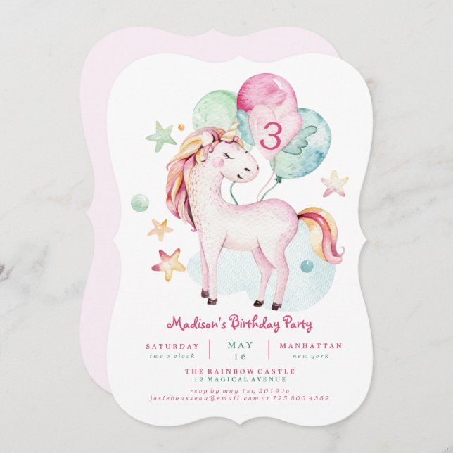 Invitación de cumpleaños de Unicornio mágico (Anverso / Reverso)