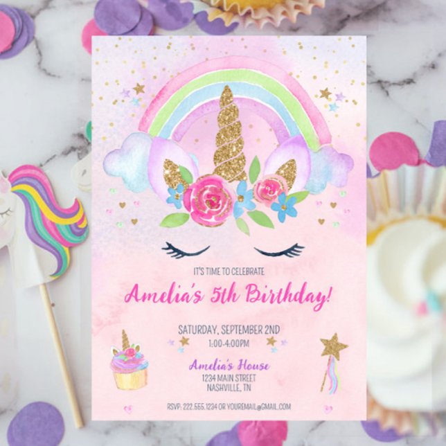Invitación de cumpleaños de unicornio mágico (Pink Magical Unicorn Rainbow 5th Birthday Invitation )