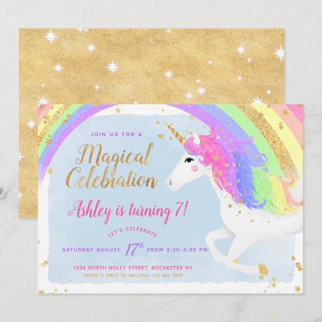 Invitación de cumpleaños de Unicornio mágico | Arc (Anverso / Reverso)