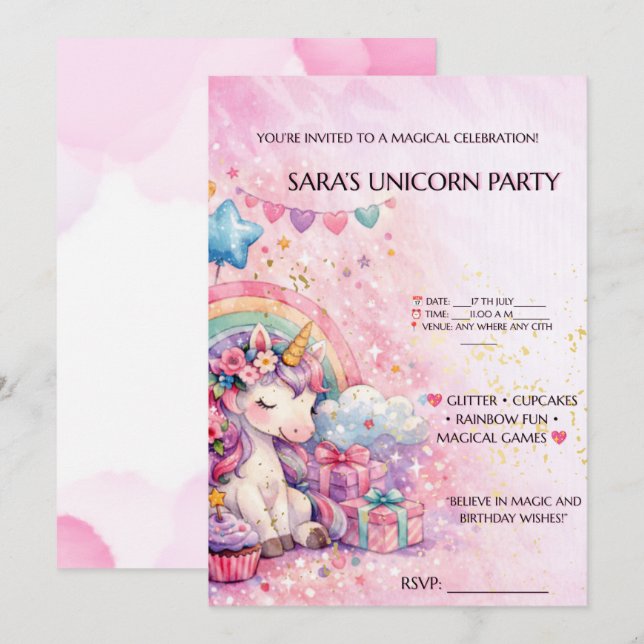 Invitación de cumpleaños de unicornio mágico - Arc (Anverso / Reverso)