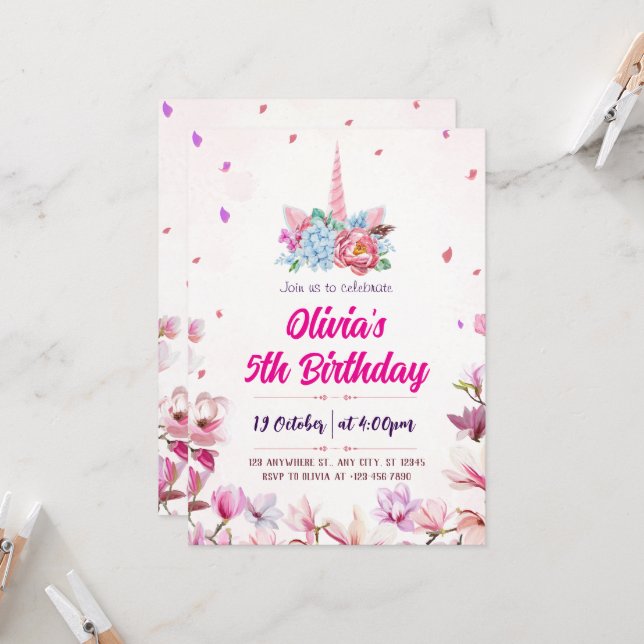 Invitación de cumpleaños de unicornio mágico con a (Anverso/Reverso In Situ)