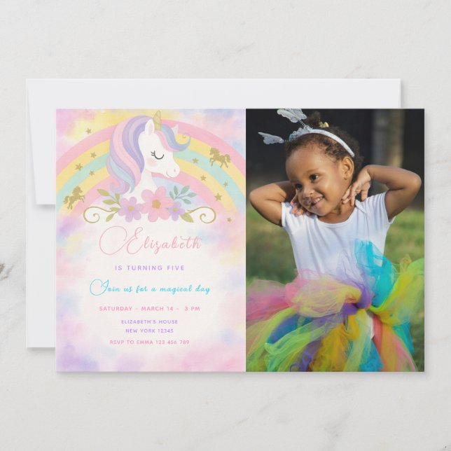Invitación de cumpleaños de Unicornio mágico con f (Anverso)