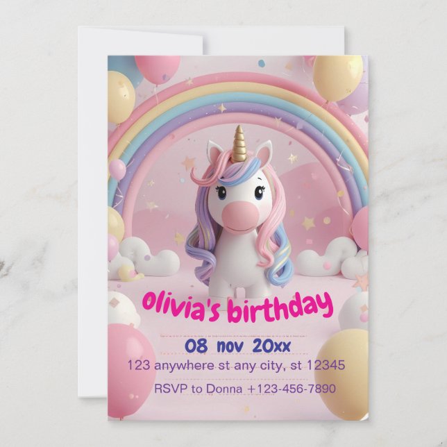 Invitación de cumpleaños de Unicornio Mágico | Cum (Anverso)