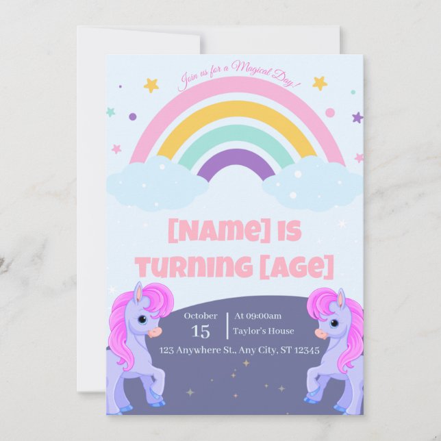 Invitación de cumpleaños de Unicornio mágico edita (Anverso)