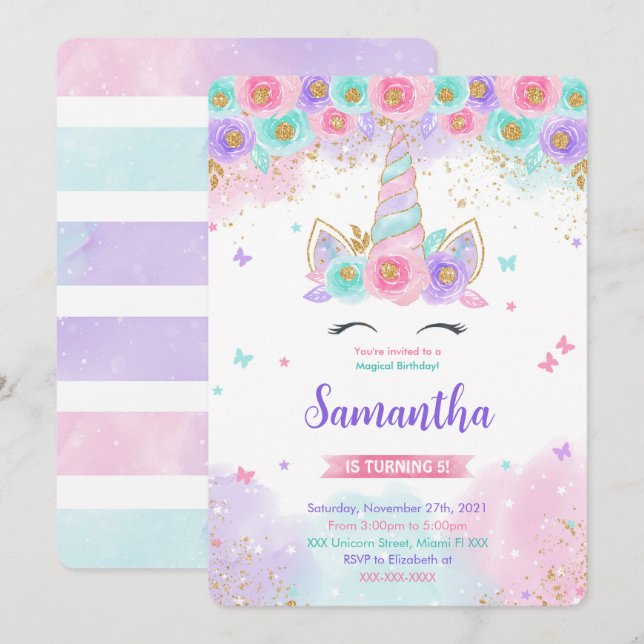 Invitación de cumpleaños de Unicornio mágico edita (Anverso / Reverso)