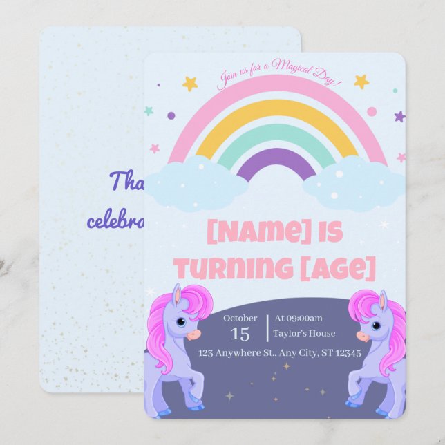 Invitación de cumpleaños de Unicornio mágico edita (Anverso / Reverso)
