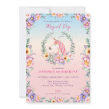 Invitación de cumpleaños de unicornio mágico flora