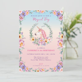 Invitación de cumpleaños de unicornio mágico flora