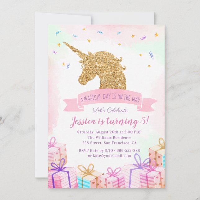 Invitación de cumpleaños de Unicornio mágico | Oro (Anverso)