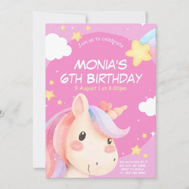 Invitación de cumpleaños de Unicornio mágico para  (Anverso)