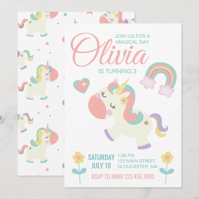 invitación de cumpleaños de Unicornio Mágico paste (Anverso / Reverso)