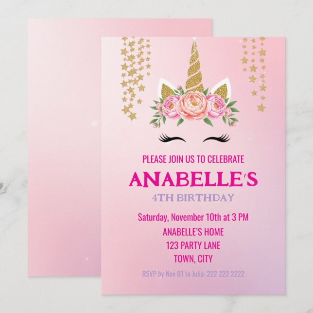 Invitación de cumpleaños de unicornio mágico perso (Anverso / Reverso)