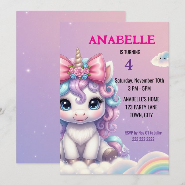 Invitación de cumpleaños de unicornio mágico perso (Anverso / Reverso)